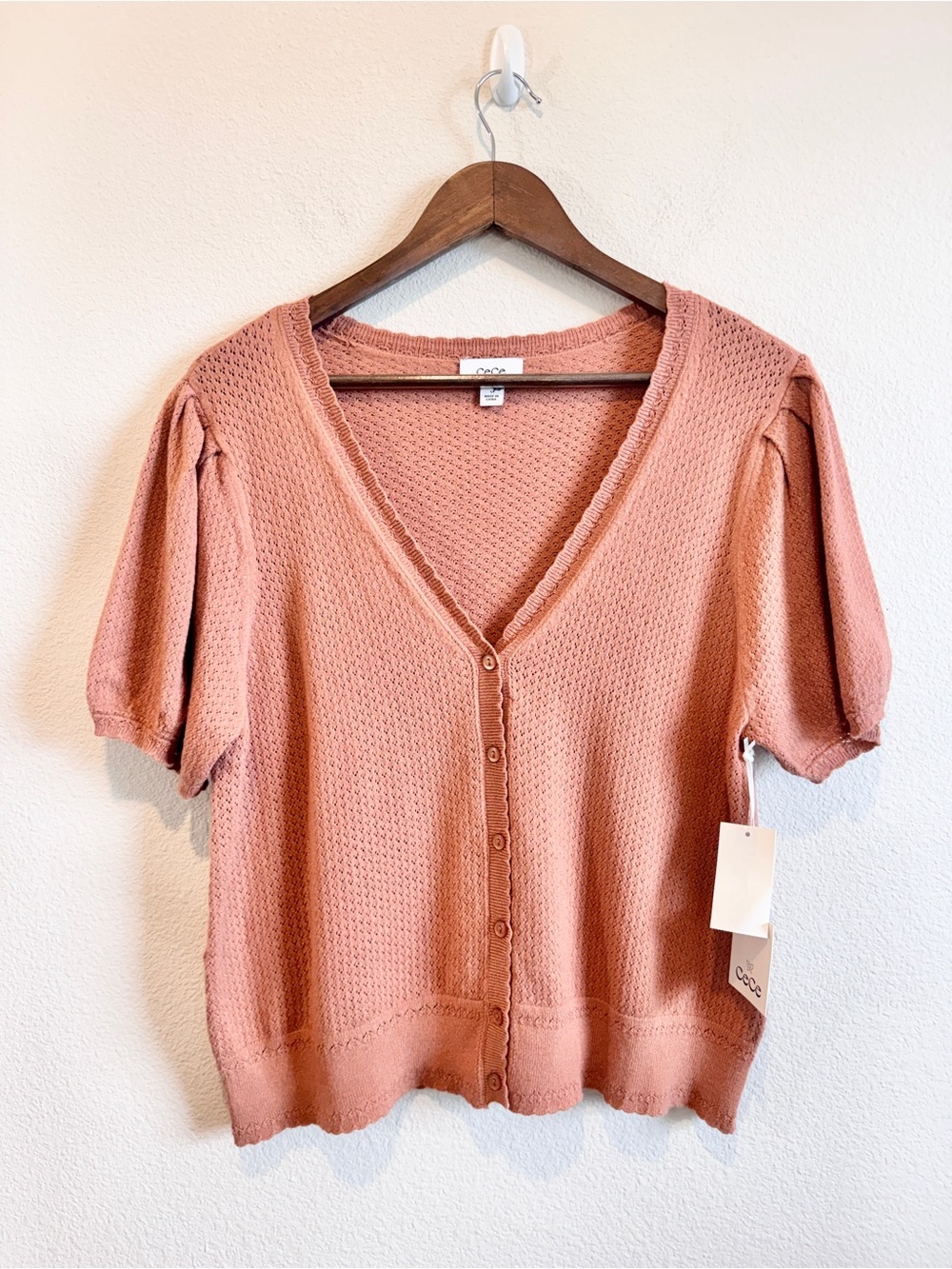 CeCe C’est La Vie Puff Sleeve Cardigan NWT Mocha Mousse Brown Balletcore L H39 - Picture 2 of 10